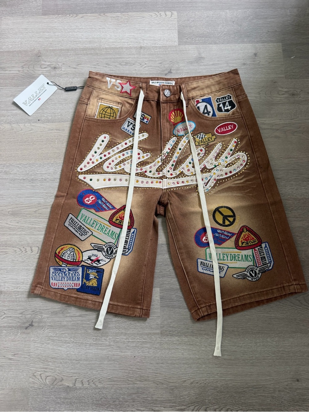 Valley Embellished Logo Patch Brown Denim Shorts